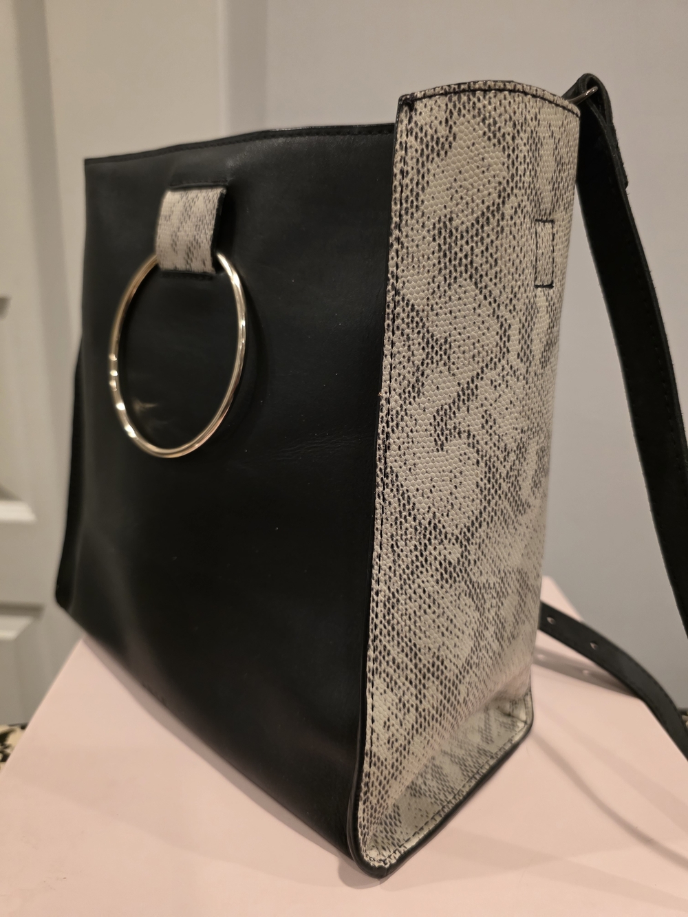 Black and Snake-Print Crossbody Bag with Gold Ring Accent. Genuine LEATHER.